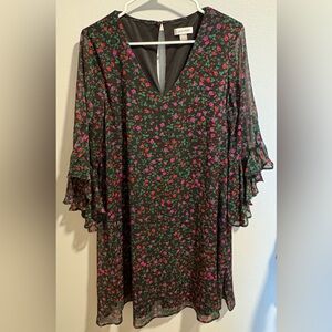 Calvin Klein Black Floral Trapeze Dress with 3/4 Sleeves
